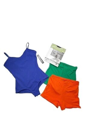 Body Wrappers Blue Leotard + Orange&Green Shorts + Capezio Black Tights L/XL NWT